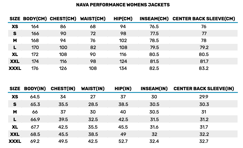 Size Chart for Womens NV2 Sailing Jacket - Black